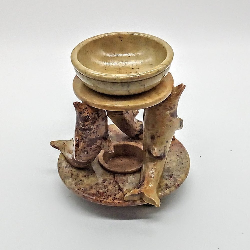 Three Stone Dolphins Carved Candle Incense Holder